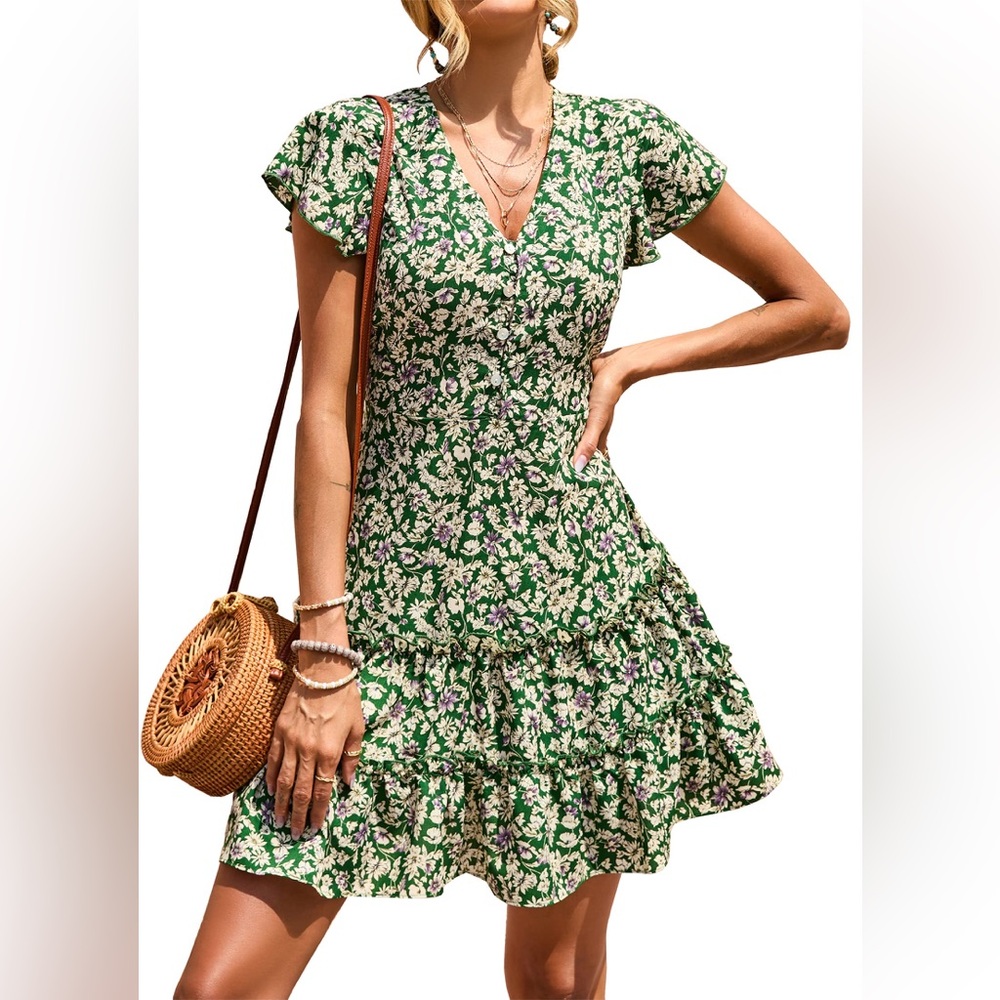 KIRUNDO Short Sleeve V-Neck High Waist Chiffon Ruffle A Line Floral Sundress